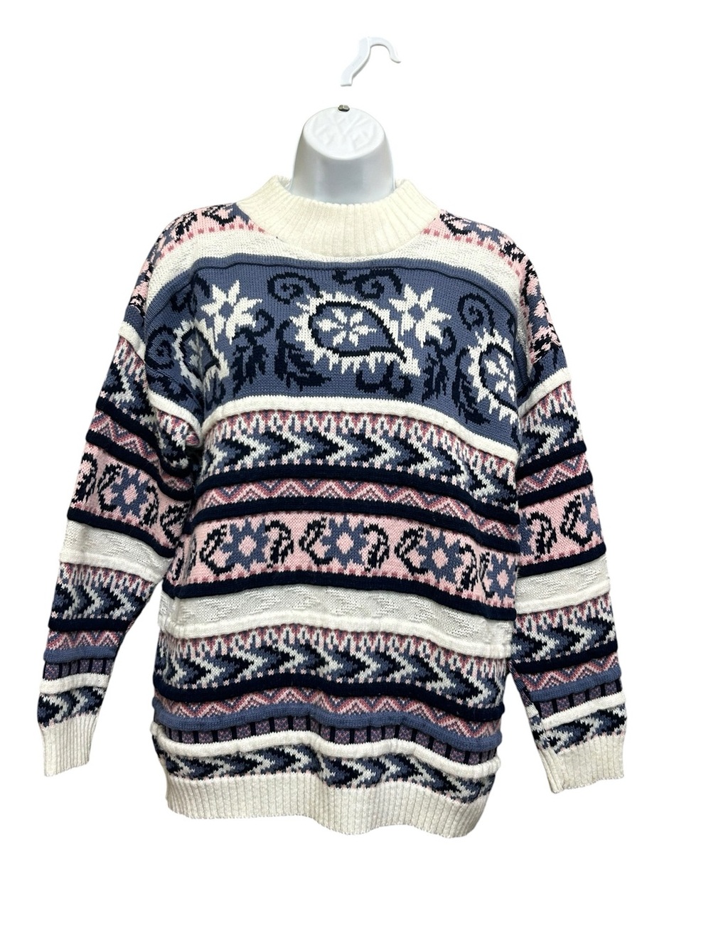 Vintage Arielle Blue Pink Fair Isle Knit Sweater Top Size L